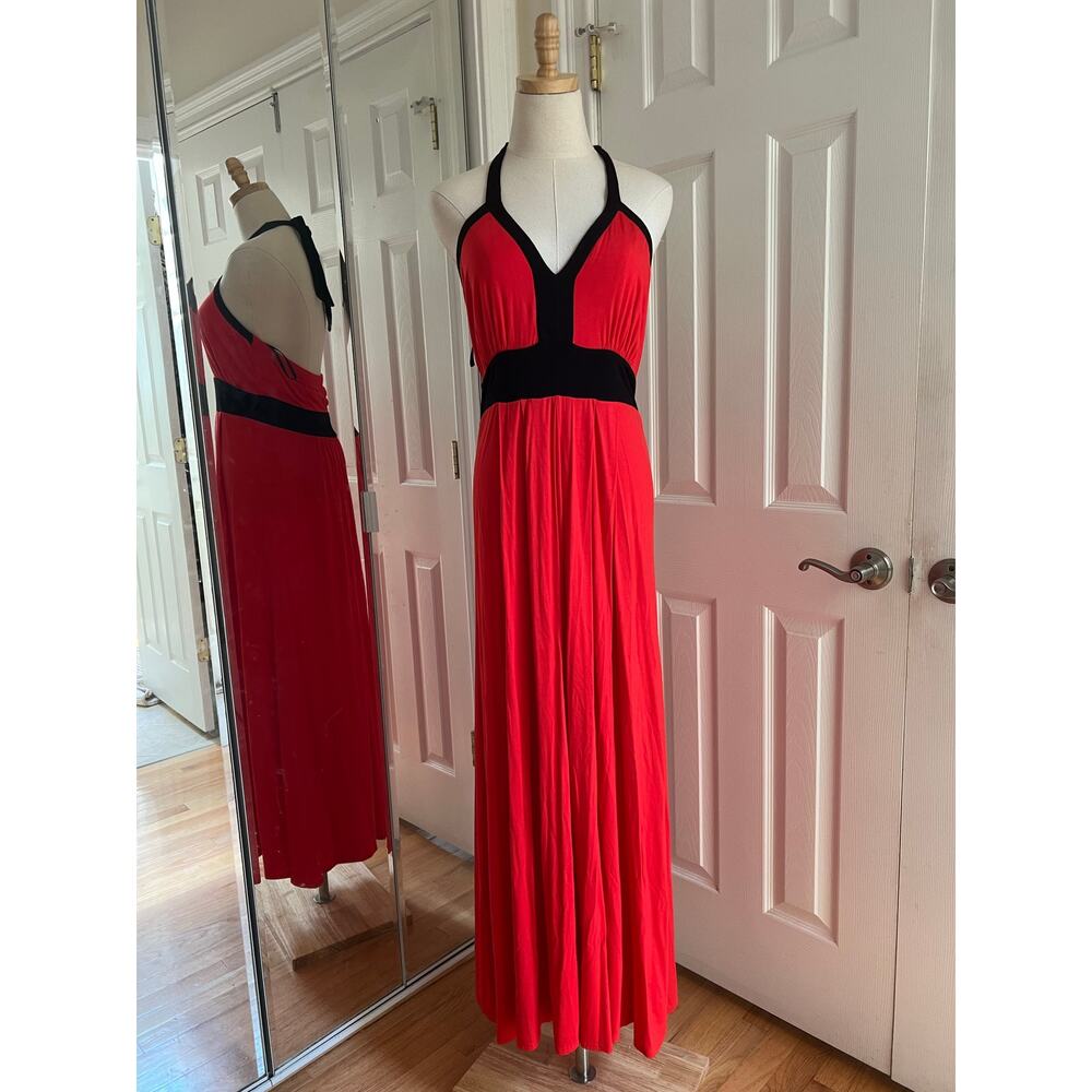 Calvin Klein Red and Black Halter Top Bold Flowy Maxi Dress